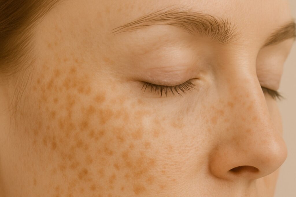 close-up van een vrouw met pigmentvlekjes op haar wang, behandeling door Bar à Beauté Knokke