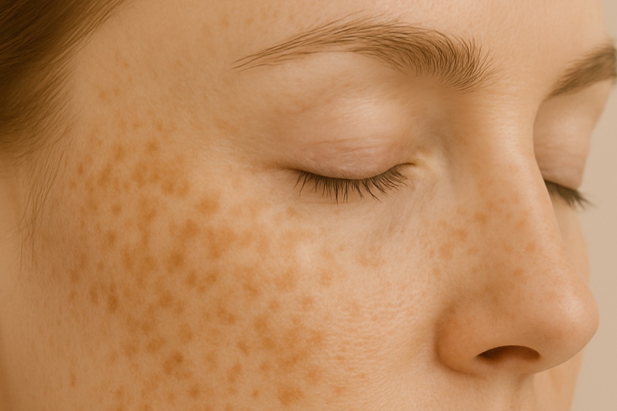 close-up van een vrouw met pigmentvlekjes op haar wang, behandeling door Bar à Beauté Knokke