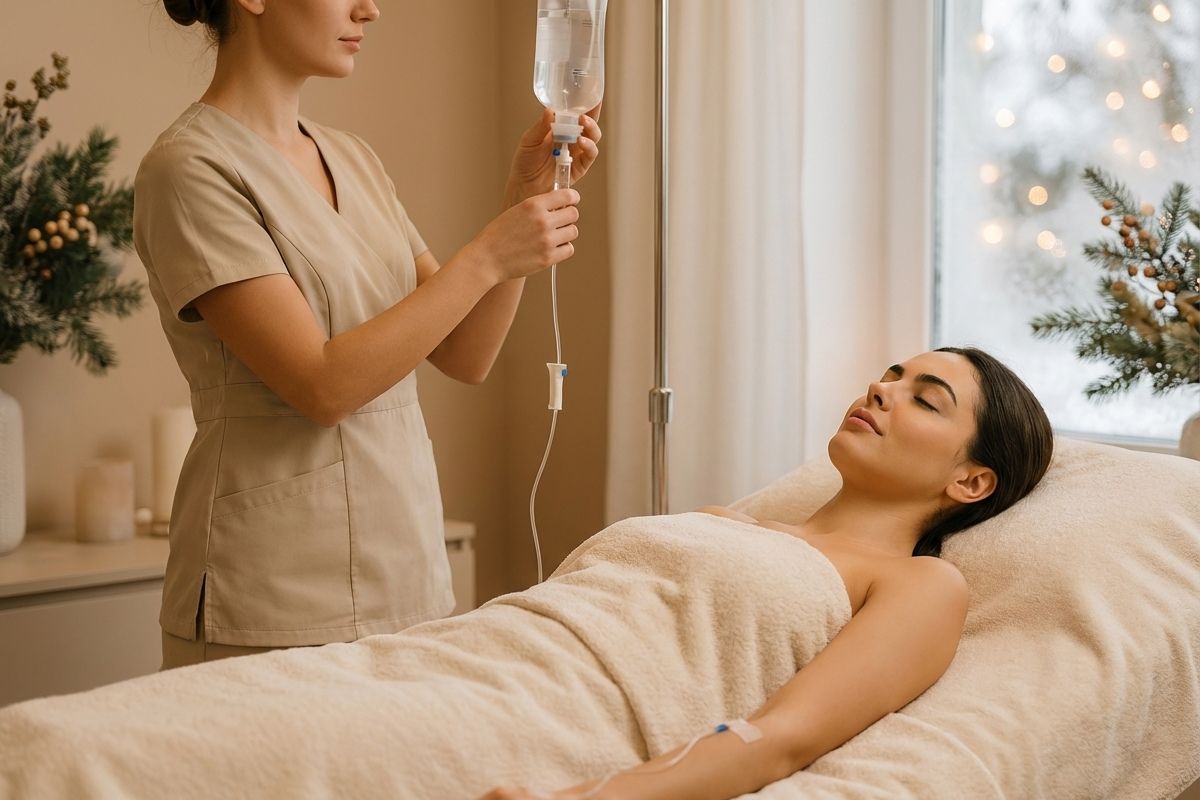 Vrouw ontvangt vitamine-infuus bij Bar à Beauté Knokke onder toezicht van Dr Joke De Buck