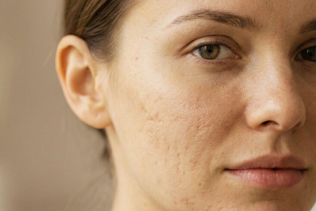 Close-up van huid met acne-littekens en oneffen huidstructuur bij Bar à Beauté in Knokke