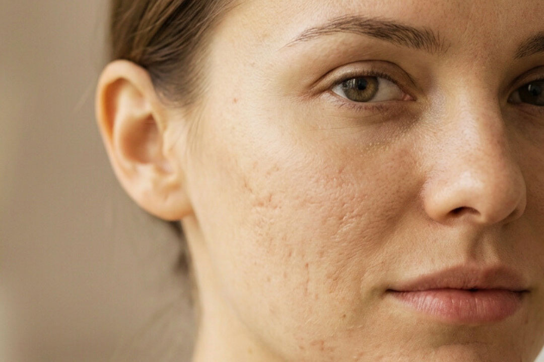 Close-up van huid met acne-littekens en oneffen huidstructuur bij Bar à Beauté in Knokke